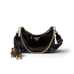 Prada Black Patent Leather Shoulder Bag with Gold Chain Strap